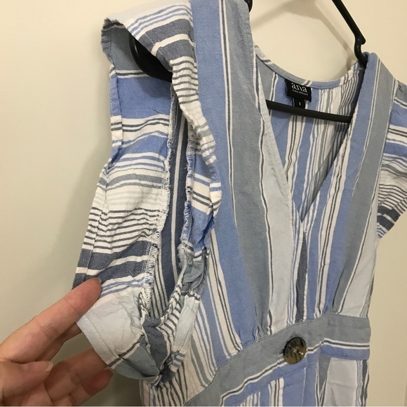 A.n.a. Linen blend blue stripe ruffle sleeve midi dress - Picture 5 of 9